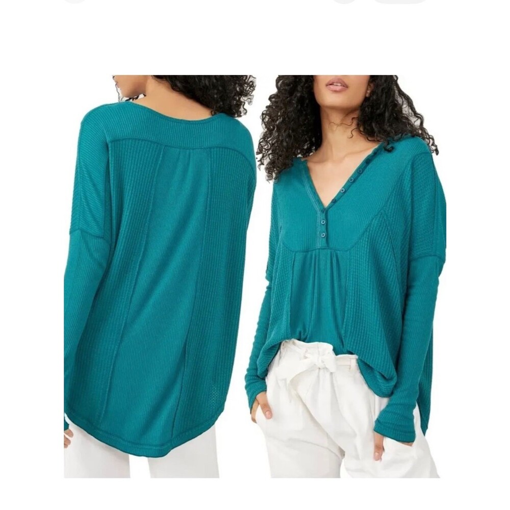 Free People Lee Henley tee waffle knit thermal teal oversized shirt Womens Med